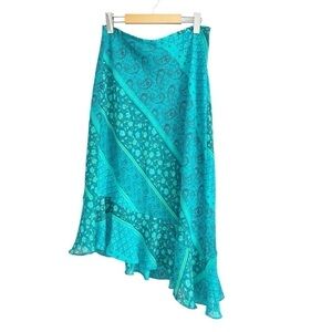 Worthington Petite Blue/Teal Floral Asymmetrical Paisley Ruffled Skirt 10P